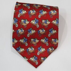 Vintage Paul Fredrick tie Red Wheelbarrow‎ Fruit Grapes Italian Silk Hand Made